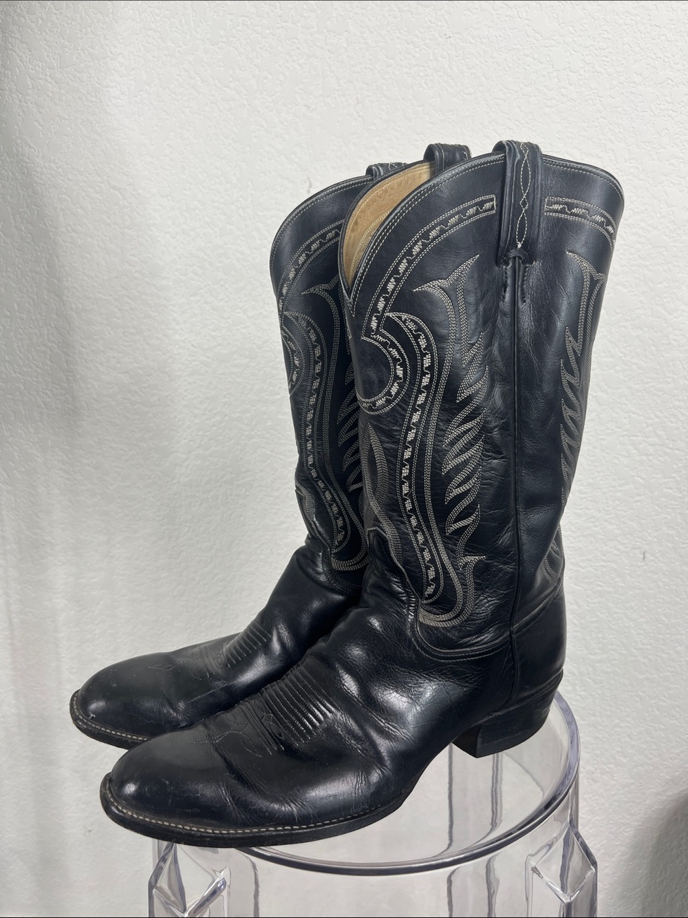 VTG Tony Llama 'El Rey' Style 522 Whipstitch Black Leather Cowboy Boots 11.5B
